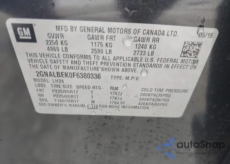 2015 Chevrolet Equinox 1Lt z USA, uszkodzony, nr VIN 2GNALBEK0F6380336